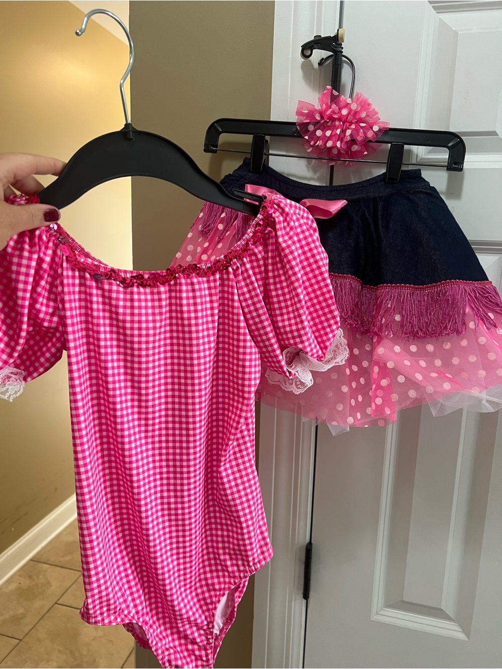 Girls Pink Gingham Dance Costume Set with Polka Dot Tulle Skirt